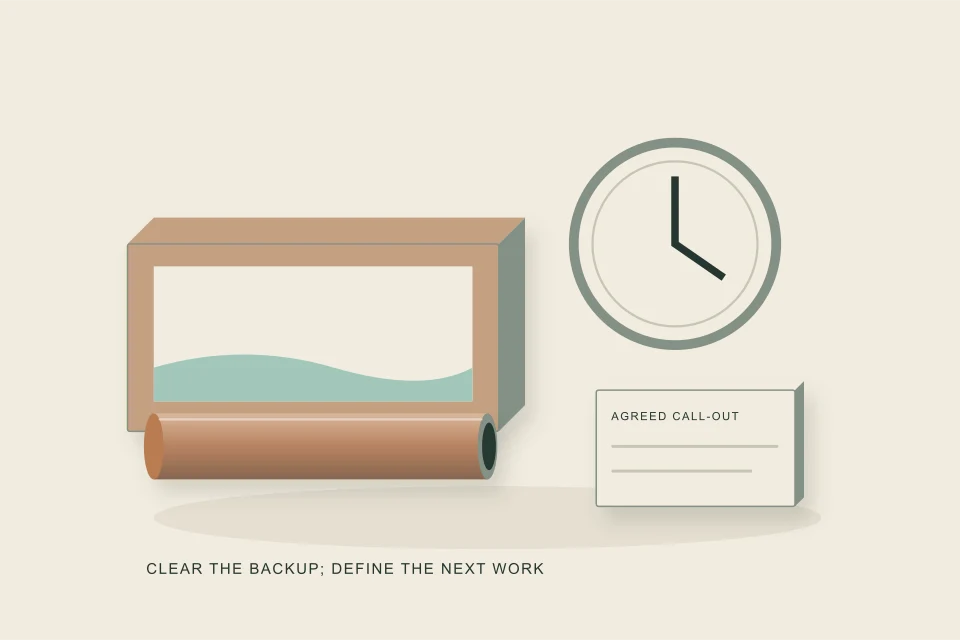 Conceptual illustration of a clock beside a basement backup response