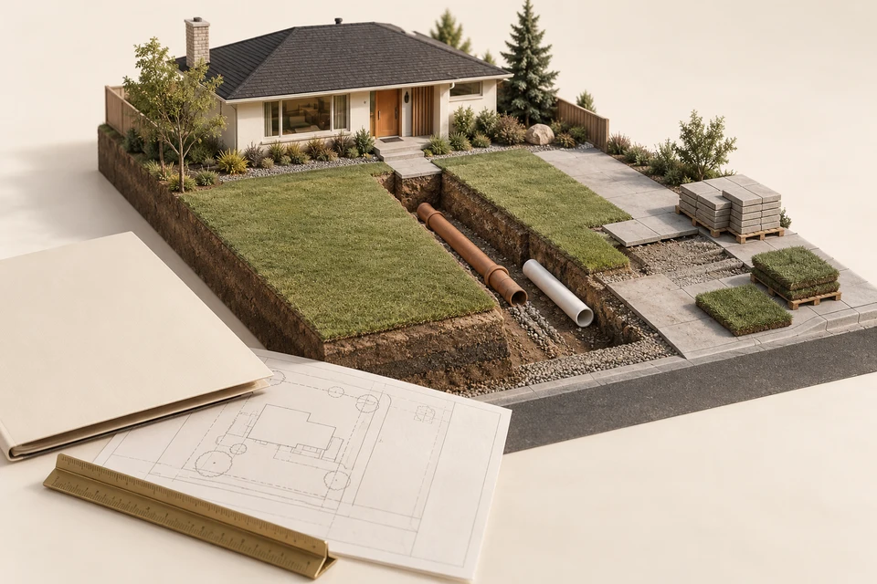 Original architectural model of a house and excavated sewer route with replacement pipe, lifted paving and a project scope folder